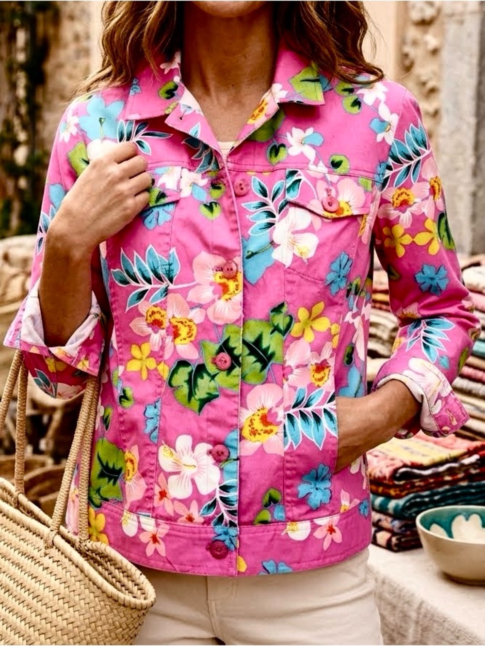Mirette Jacket Pink Floral Vibrant Botanical Lightweight Cotton Tropical medium